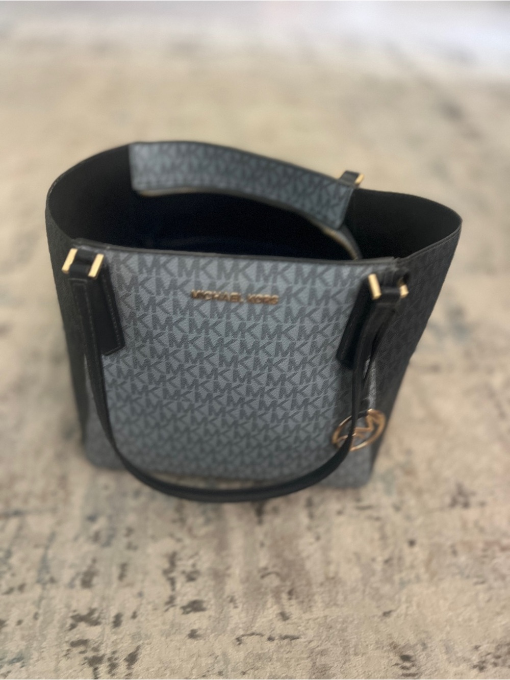Michael Kors Gray MK Monogram Tote with Black Straps and Gold Hardware